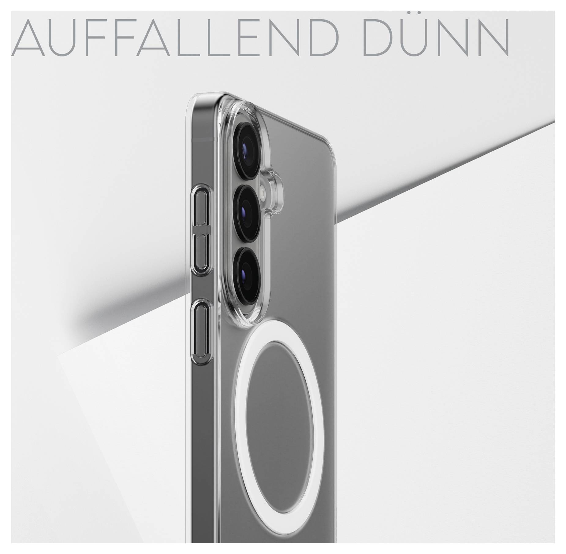 'PÅFALLANDE TUNN' text med en bild av ett elegant, tunt telefonetui som visar tre kameraobjektiv och ett cirkulärt mönster på baksidan.