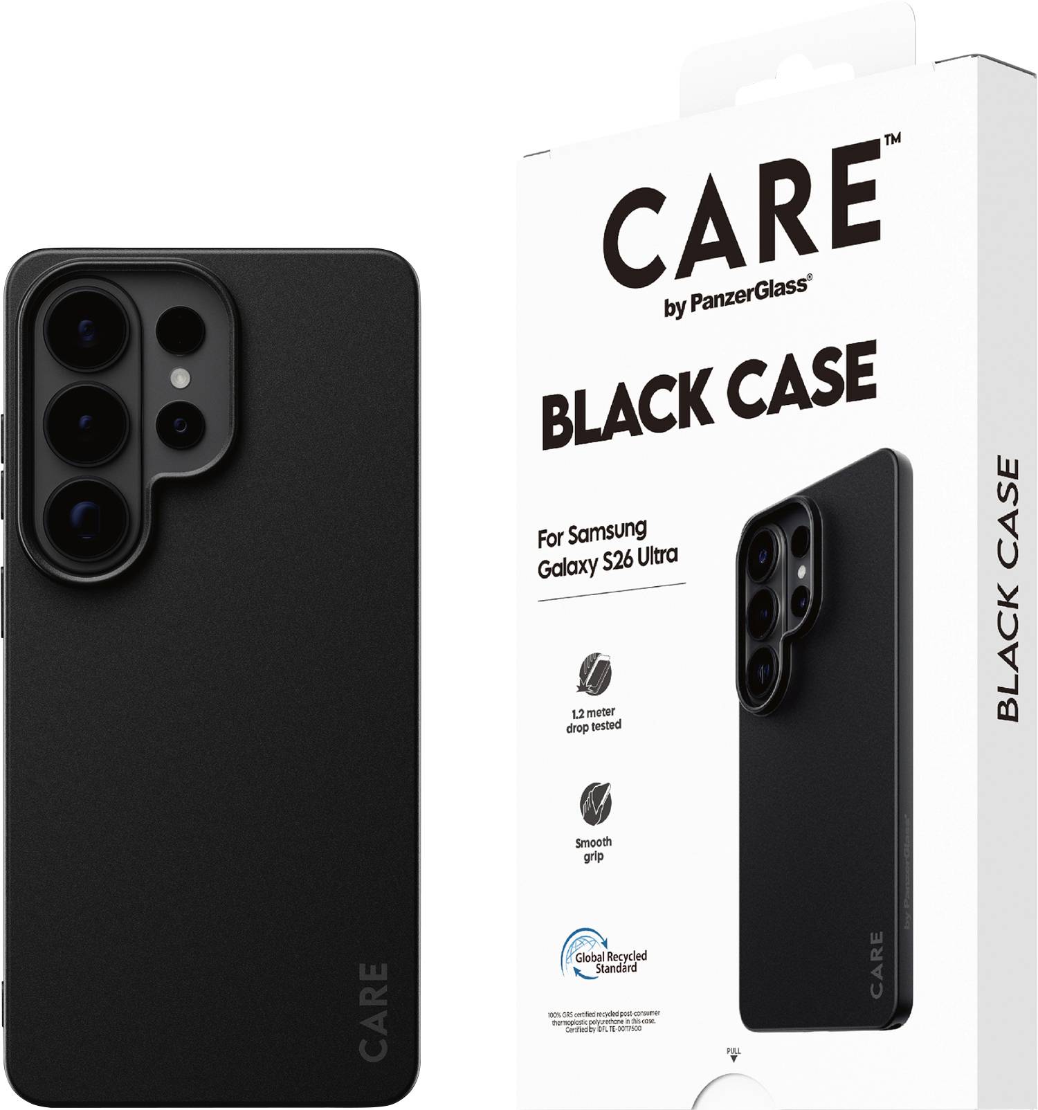 Svart telefonväska för Samsung Galaxy S26 Ultra med "CARE"-märkning. Funktioner inkluderar testad för fall från 12 meter, smooth grip, 100% återvunnet material.