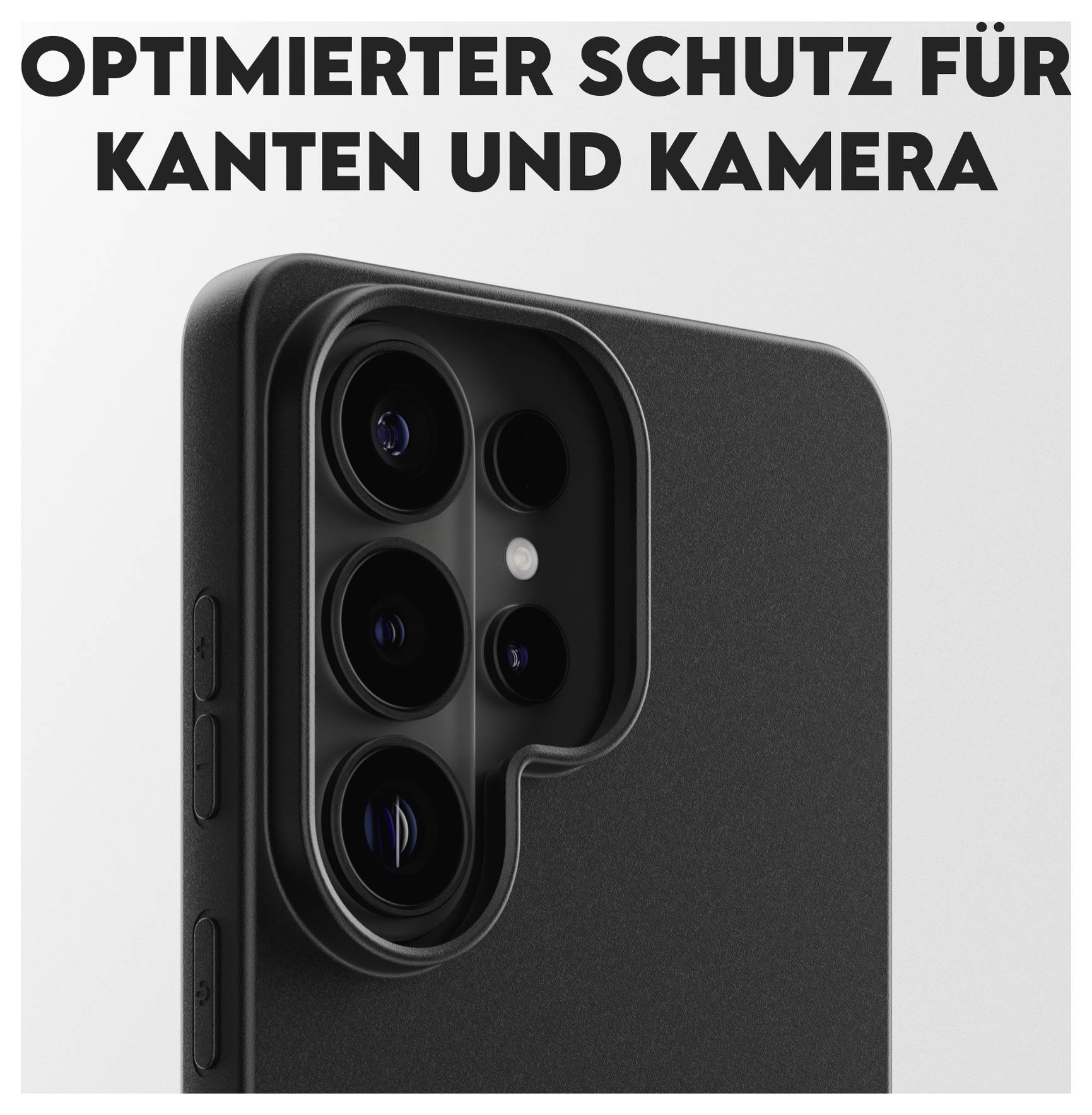 En närbildsvy av en smartphone med ett skyddande fodral som framhäver optimerad kant- och kamerabeskyddning.