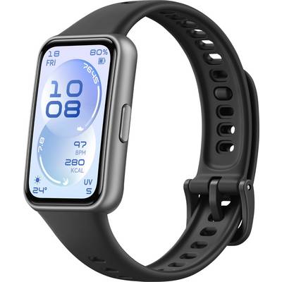 En smartwatch med en rektangulär display visar datumet, tiden, hjärtfrekvensen (97 slag/min) och förbrända kalorier (280 KCAL). Remmen är svart.