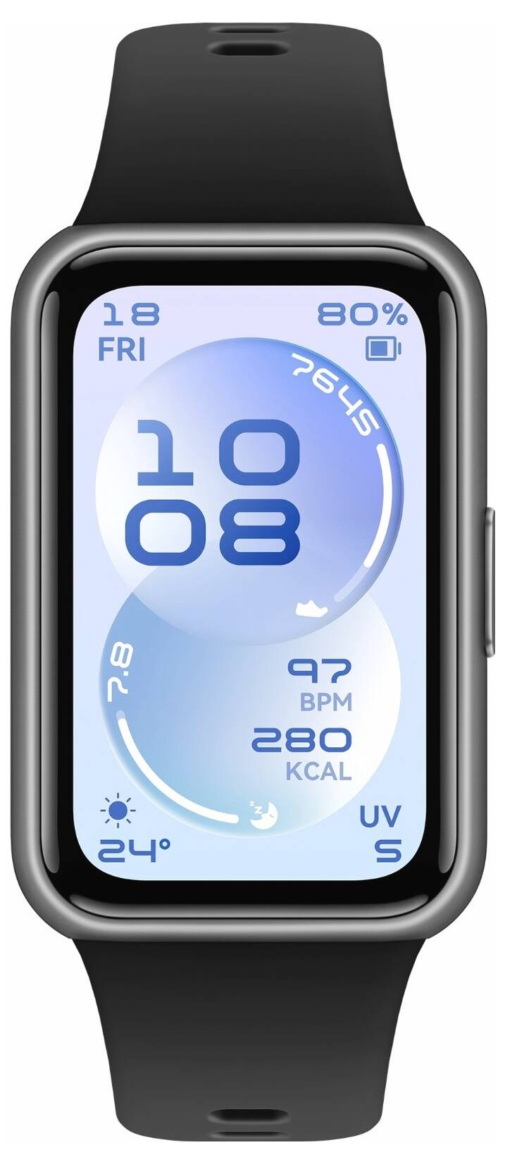 Smartklocka som visar tiden '10:08' med hälsomätningar: hjärtfrekvens 97 slag/min, kalorier 280 kcal, steg 7645, temperatur 24°C, UV-index S.