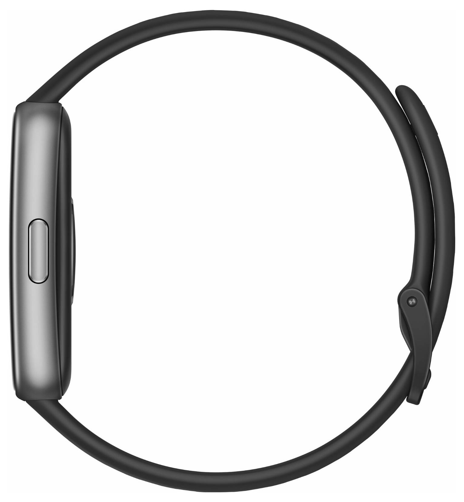 Sidovy av en svart smartwatch med ett elegant band som visar upp dess minimalistiska design och knapp på sidan för funktionalitet.