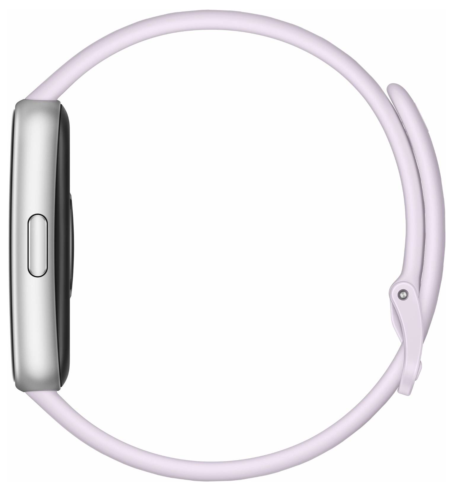 En sidovy av en smartwatch med ett ljusrosa armband och silvermetalliserad kåpa. Armband är böjd med ett stift- och vikningslåssystem.