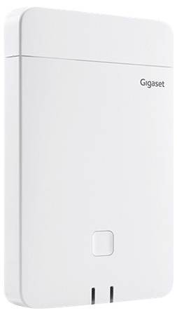 En vit Gigaset trådlös router med en enda knapp på framsidan, designad för väggmontering.