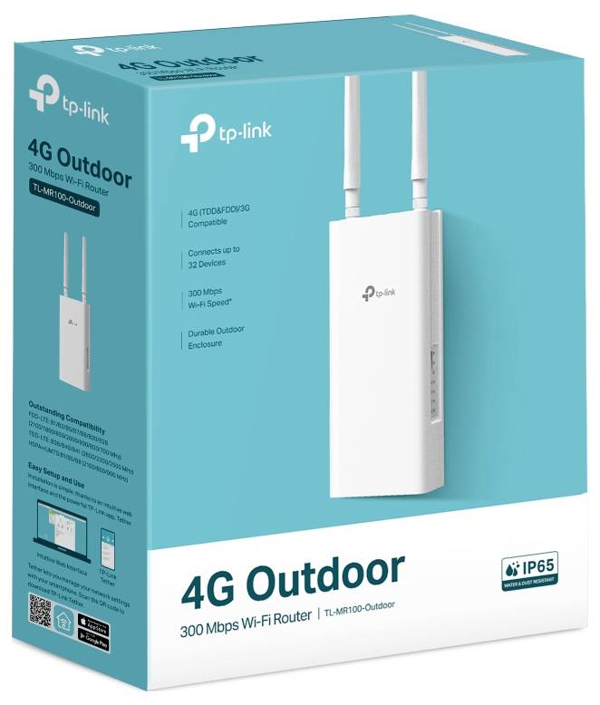 Bild av en TP-Link 4G-utomhusrouter med dubbla antenner, modell TL-MR100. Funktionerna inkluderar 300 Mbps Wi-Fi och IP65-väderbeständighet.