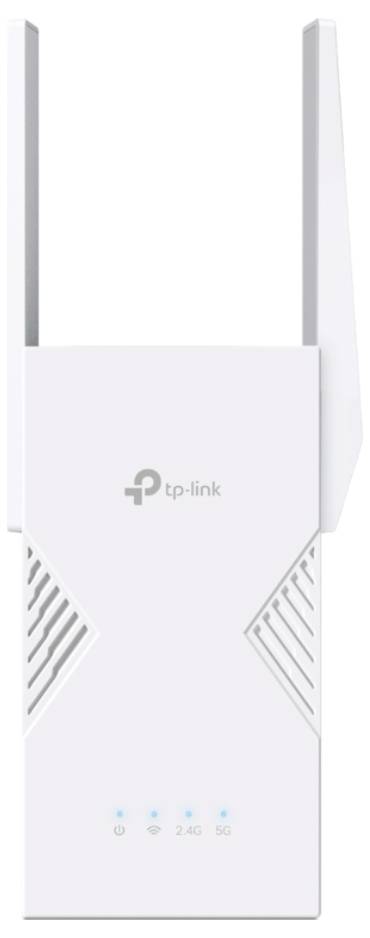 En vit TP-Link Wi-Fi räckviddsförlängare med två externa antenner, utrustad med LED-indikatorer för strömstatus och anslutningsstatus.