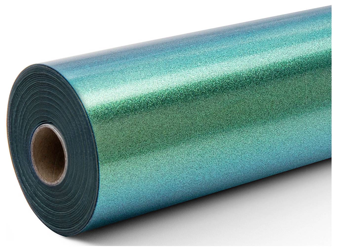 En rulle teal holografisk vinyl, delvis upprullad, som visar dess glansiga, reflekterande yta.