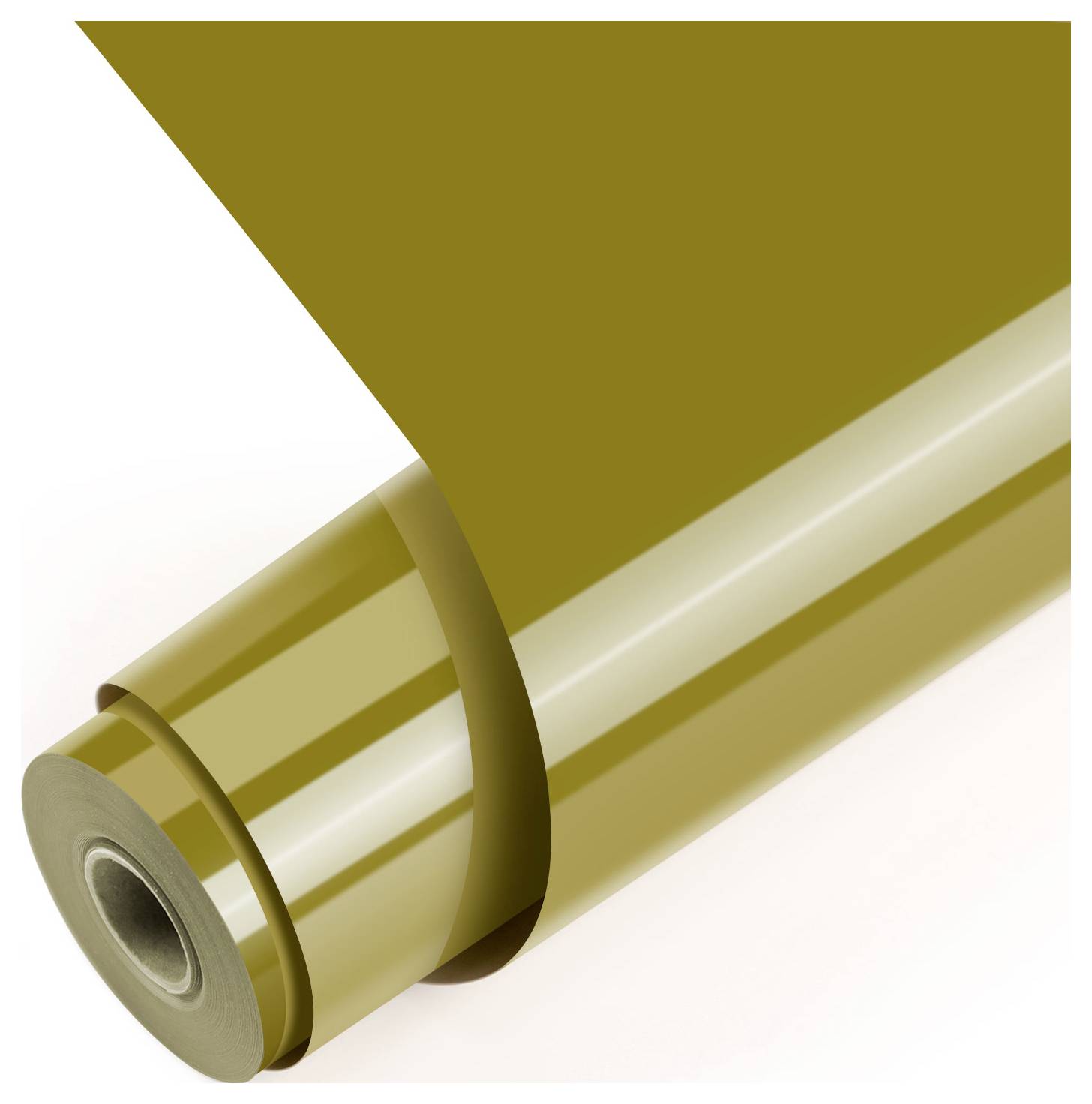 En stor rulle med glansig, guldgold-färgat material är delvis upprullad och visar dess släta och reflekterande yta.