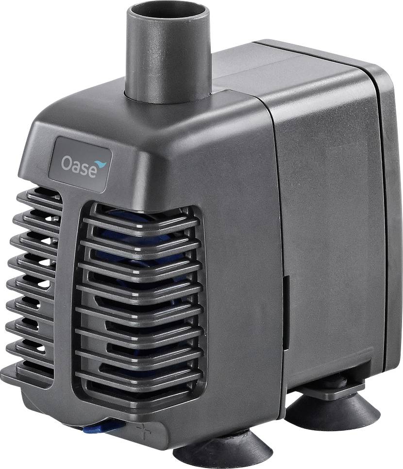 En kompakt svart akvarievattenpump med ett cylindriskt utlopp på toppen, märkt "Oase", med en ventilerad design och sugkopp-fötter.