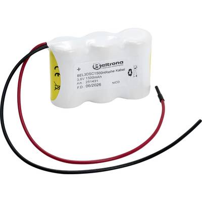 Ett vitt cylindriskt batteripaket märkt "Beltrona", 3,6V, 1500mAh, med röda och svarta ledningar som sträcker sig ut, används för elektroniska enheter.