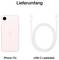 Leveransomfattning: Till vänster en rosa iPhone 17e, till höger en USB-C-laddningskabel.