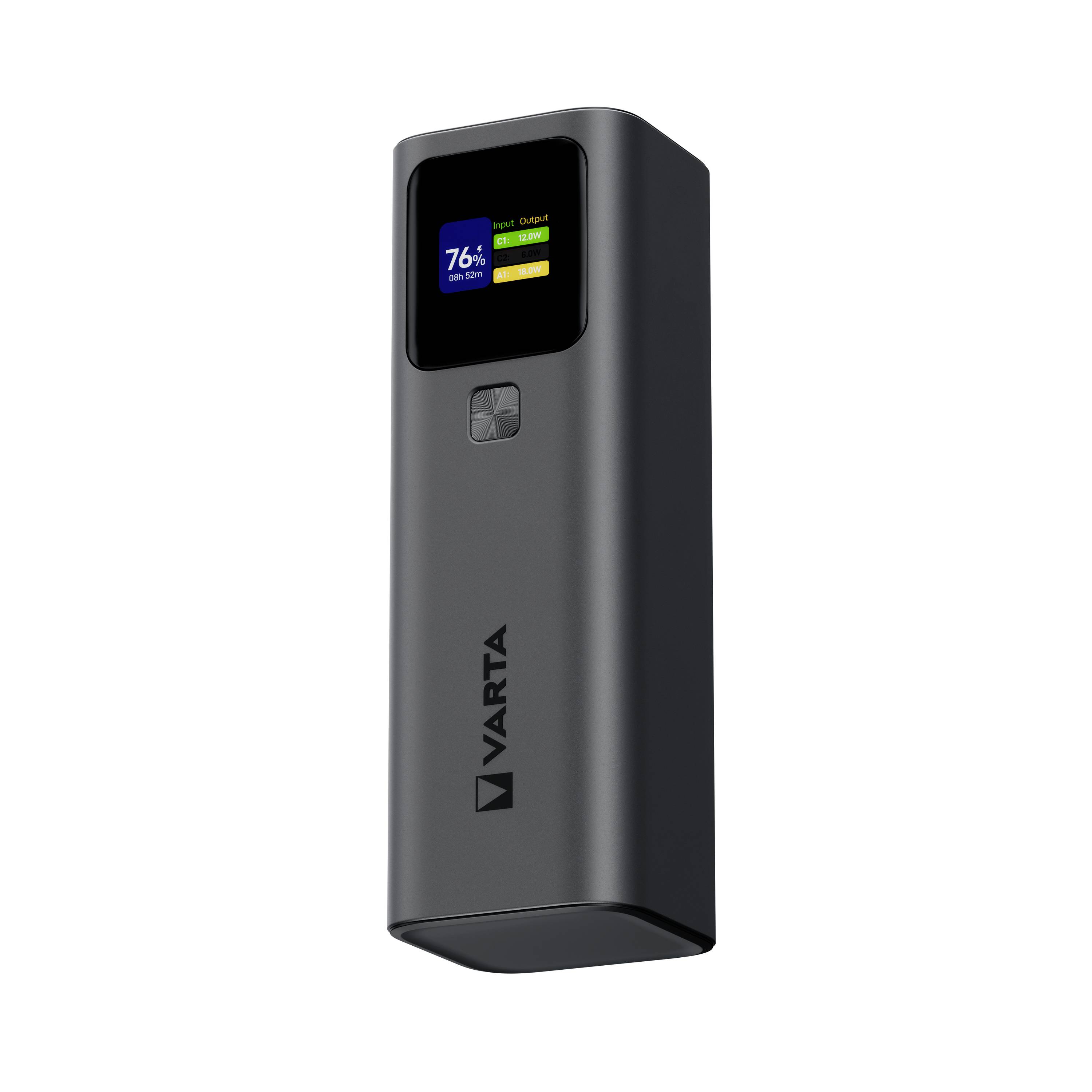 En svart bärbar powerbank med en liten displayskärm som visar "76%". Varumärket "VARTA" är tryckt vertikalt på sidan.