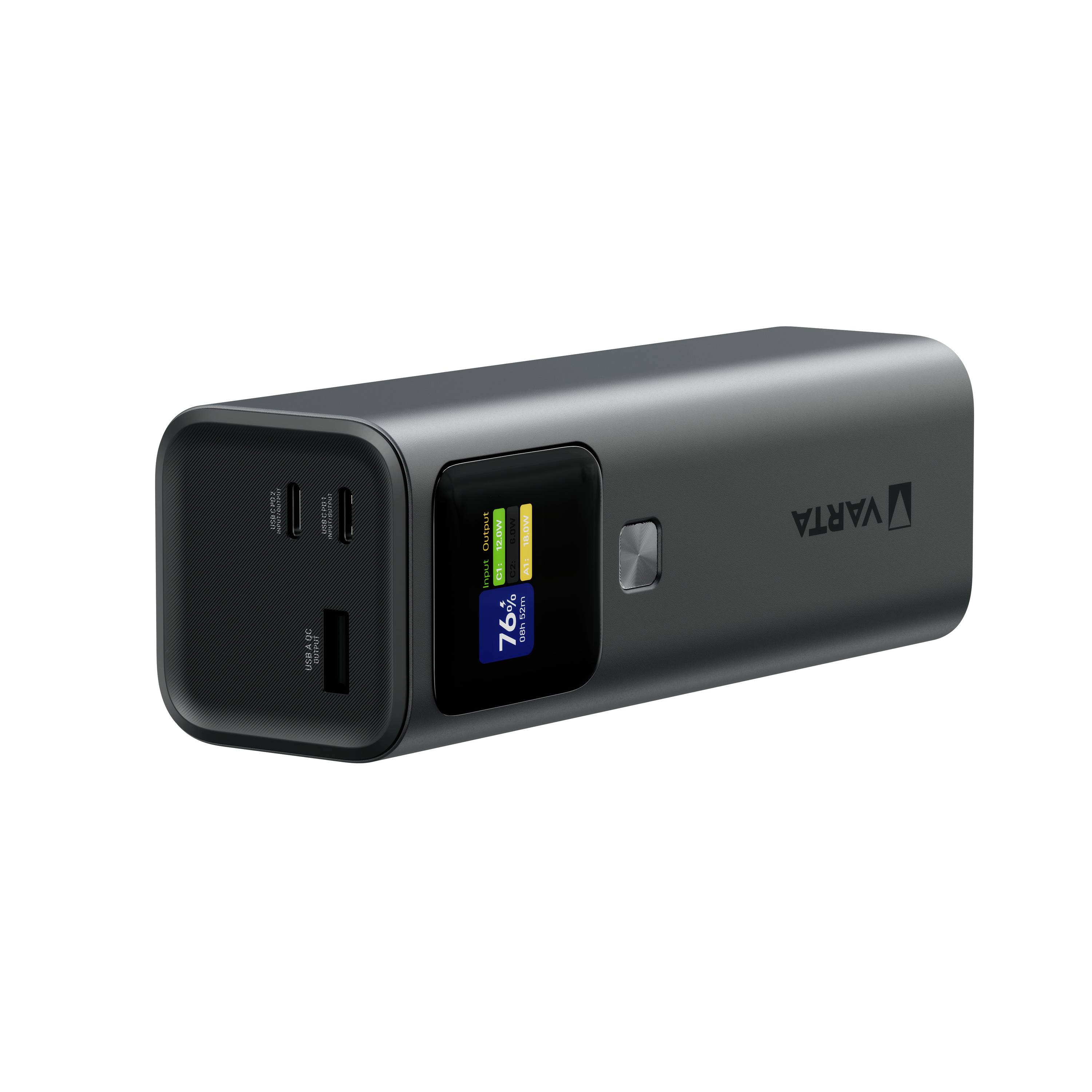 En bärbar powerbank med en liten skärm som visar "76%". Den har flera USB-portar och en elegant, kompakt design.