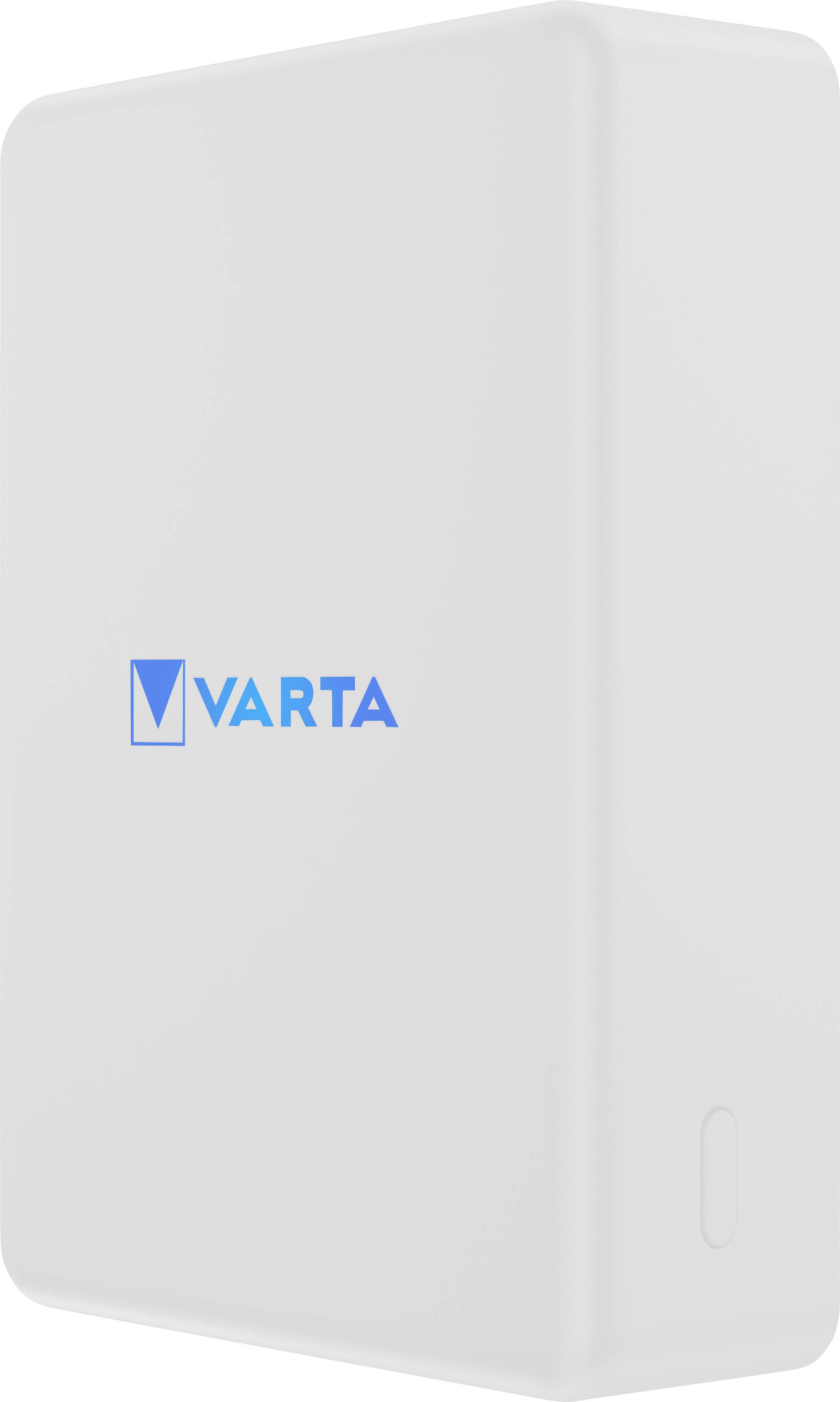 En vit powerbank med logotypen "Varta" i blått.