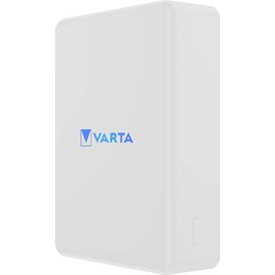 En vit powerbank med logotypen "Varta" i blått.