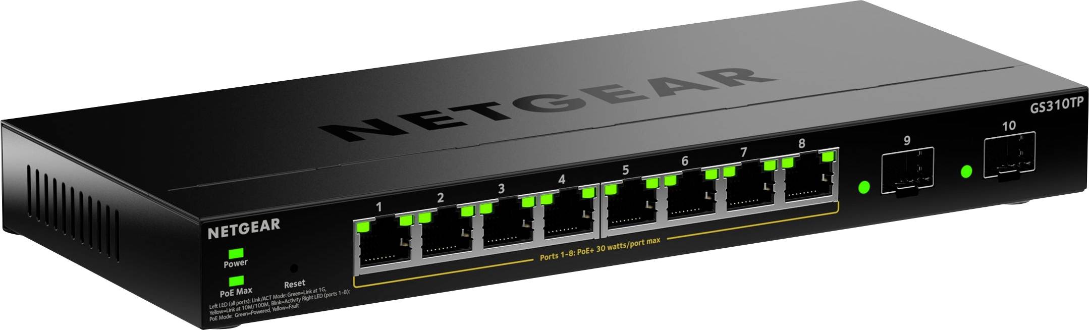 En svart NETGEAR nätverksswitch med åtta Ethernet-portar och två SFP-portar, var och en indikerad av gröna LED-lampor.