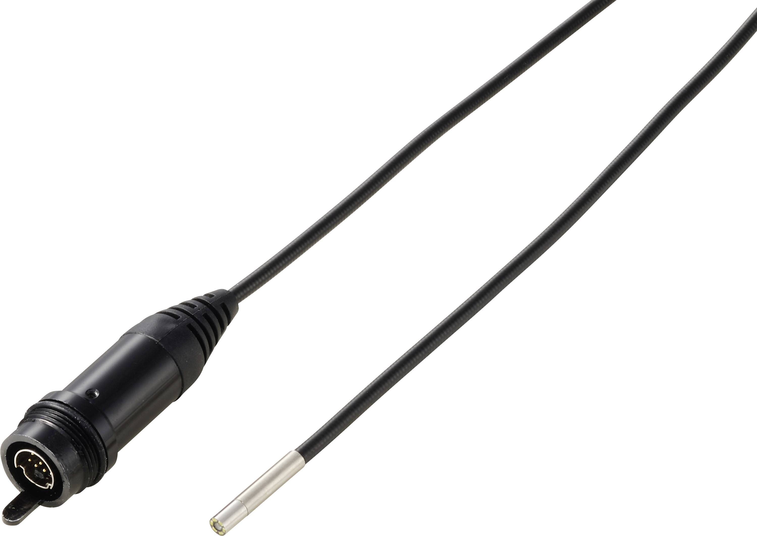 Svart kabel med en cirkulär flerpolig anslutning på ena änden och en silvertoppad sensor-/probspets på den andra änden.