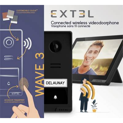 EXTEL WAVE 3 trådlös videodörrklocka förpackning. Funktioner: anpassningsbar färg, fingeravtrycksåtkomst, bild på enhet och skärm.