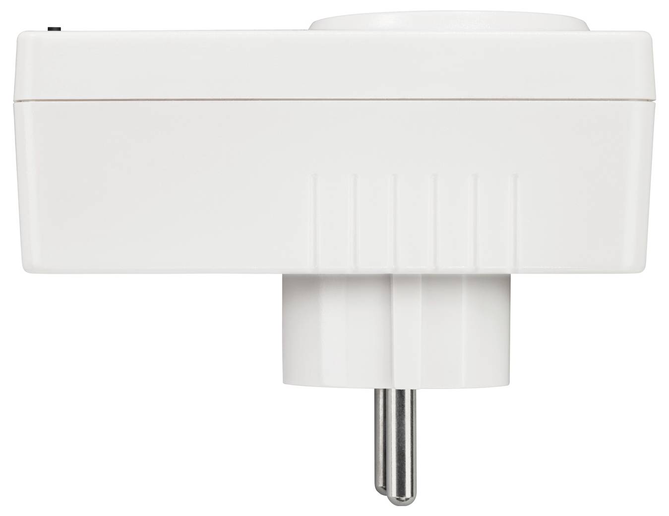 En vit, rektangulär elstickadapter med tre ben sedd från sidan, med spår på kroppen för grepp.