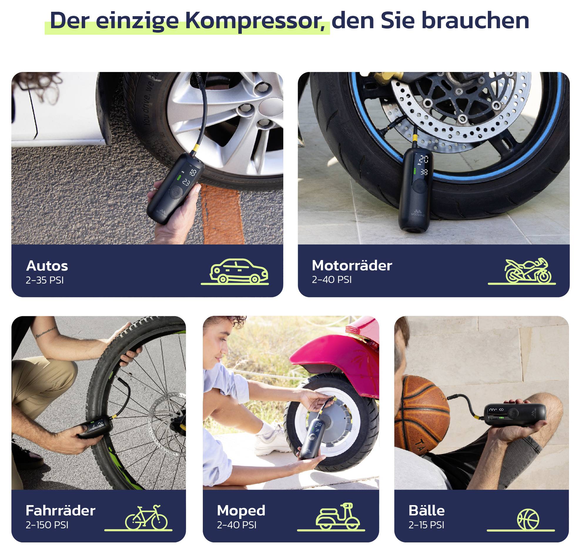 Den enda kompressor du behöver<br><br>En bärbar luftpump för bil-, motorcykel-, cykel-, moped- och bolldäck med PSI-intervall.