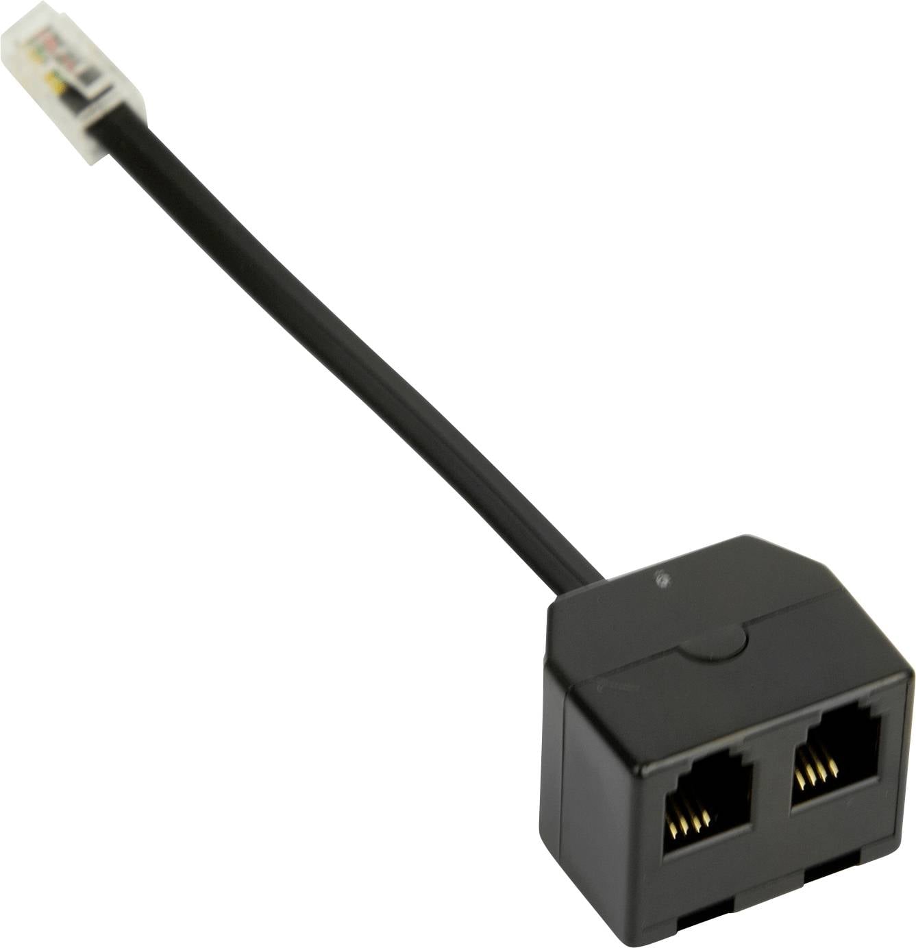 En svart telefonutdelare med ett hane-RJ11-uttag i ena änden och två hona-RJ11-portar i den andra änden, används för att ansluta flera enheter.