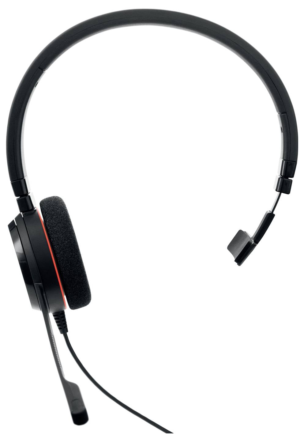 Svart över-örat headset med boom-mikrofon och vadderat öronkudde, visat på vit bakgrund.