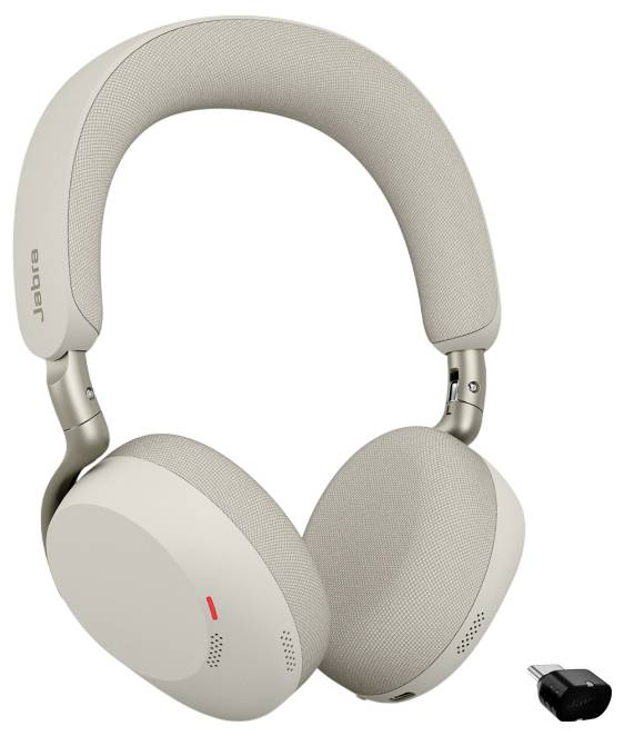 Beige trådlösa Jabra över-örat hörlurar med en liten USB-dongel visad bredvid dem.