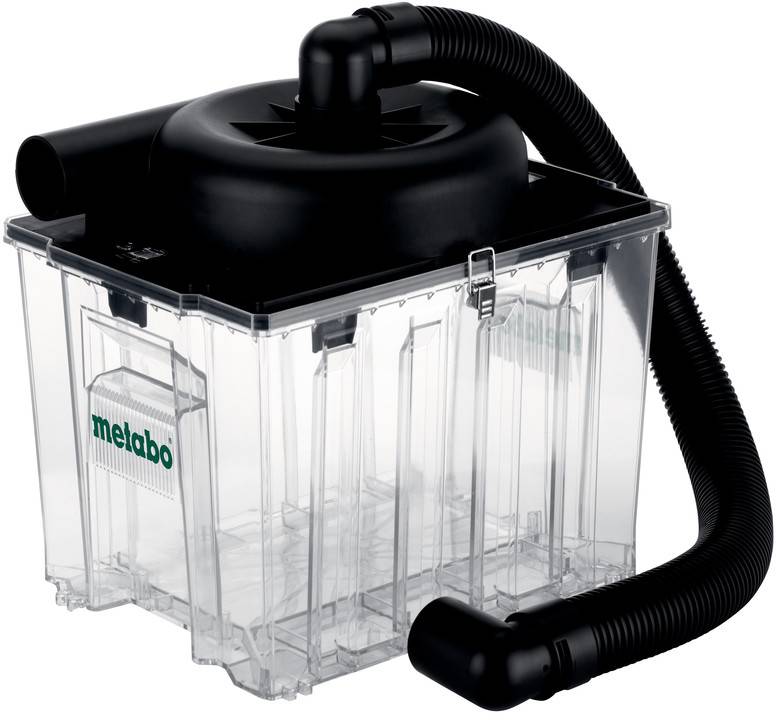 Transparent dammsugarbehållare med svart lock och ansluten slang, märkt "metabo".