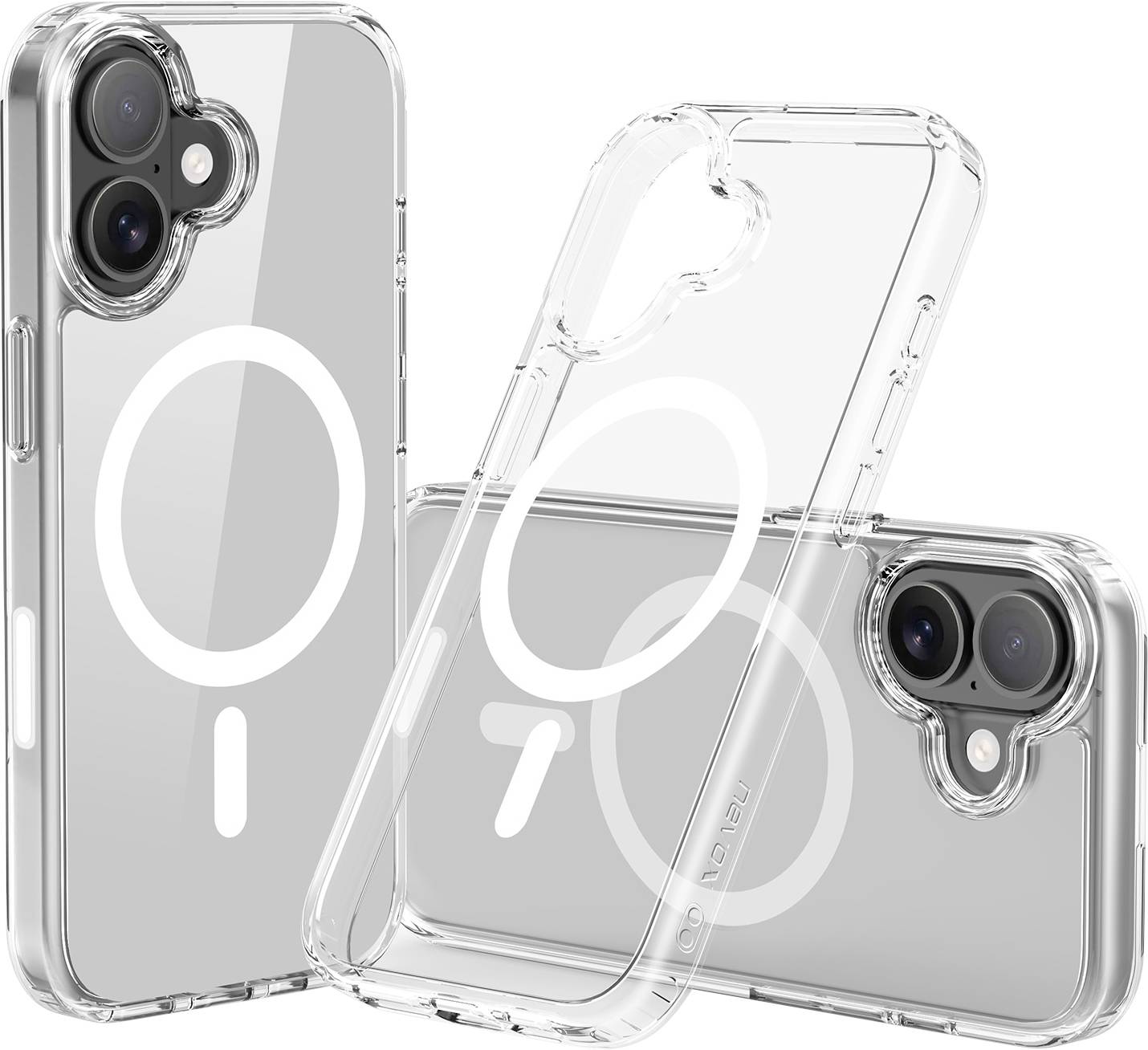 Tre klara smartphoneväskor med cirkulära symboler, utformade för att skydda och visa upp telefonens funktioner och stil.