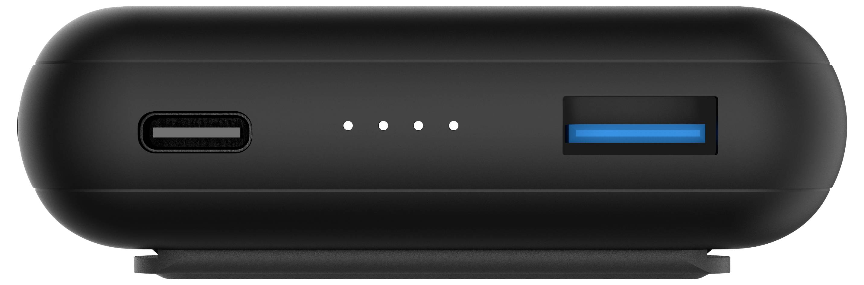 En svart bärbar laddare med USB-C och USB-A-portar, utrustad med fyra LED-indikatorer som visar laddningsnivå.