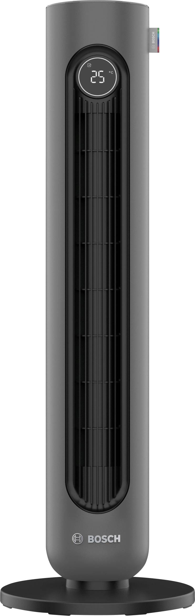 Bosch tornfläkt med digital display som visar 25°C, stående på en rund bas.