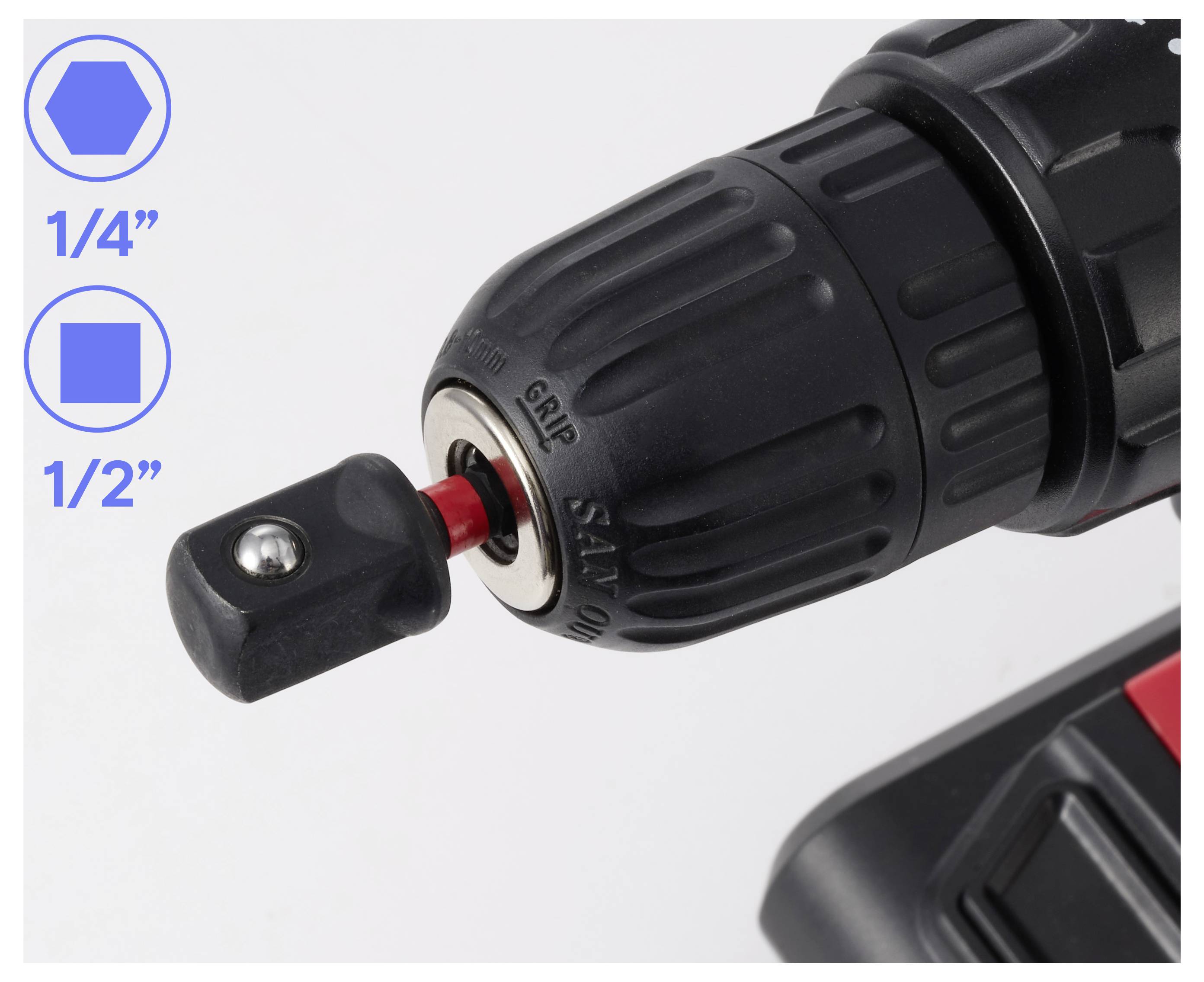 Närbild av ett borrchuck med adapter som visar kompatibilitet för 1/4-tumtum hex och 1/2-tumtum kvadratiska bitar, med storleksikoner till vänster.