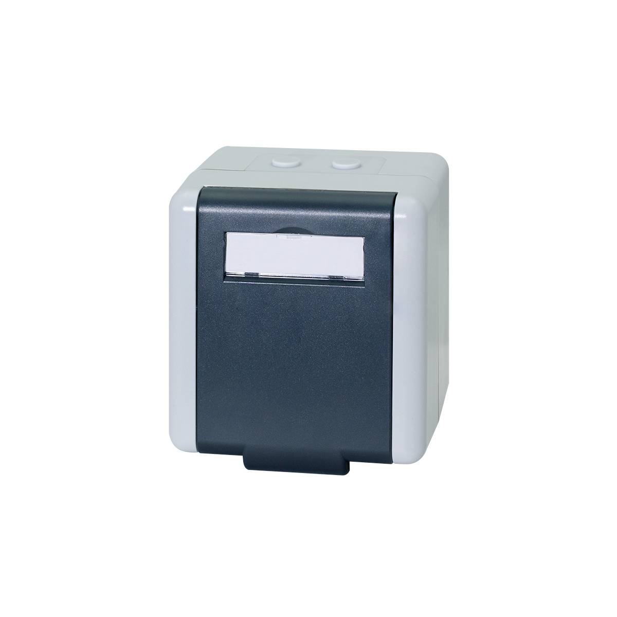 Liten grå-och-svart låda-stil skrivare eller etikettdispenser med en pappersspalt på framsidan på en vit bakgrund.
