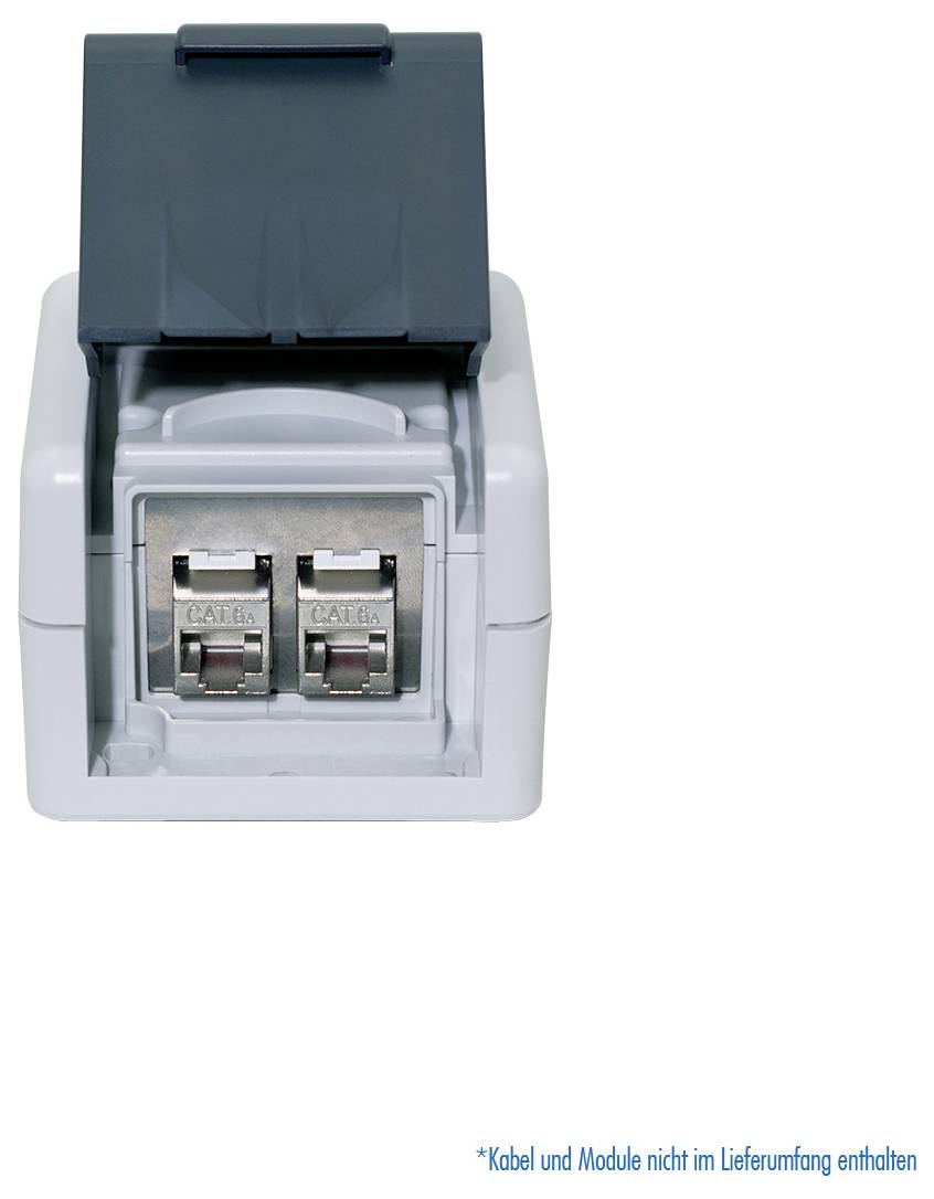 Väggmonterad nätverkskontakt med två Ethernet-portar under ett gångjärnsförsett lock, visad mot en vit bakgrund.