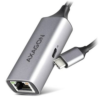 AXAGON USB-C-adapter med en USB-C-port och en Ethernetport, visas med ansluten USB-C-kabel.