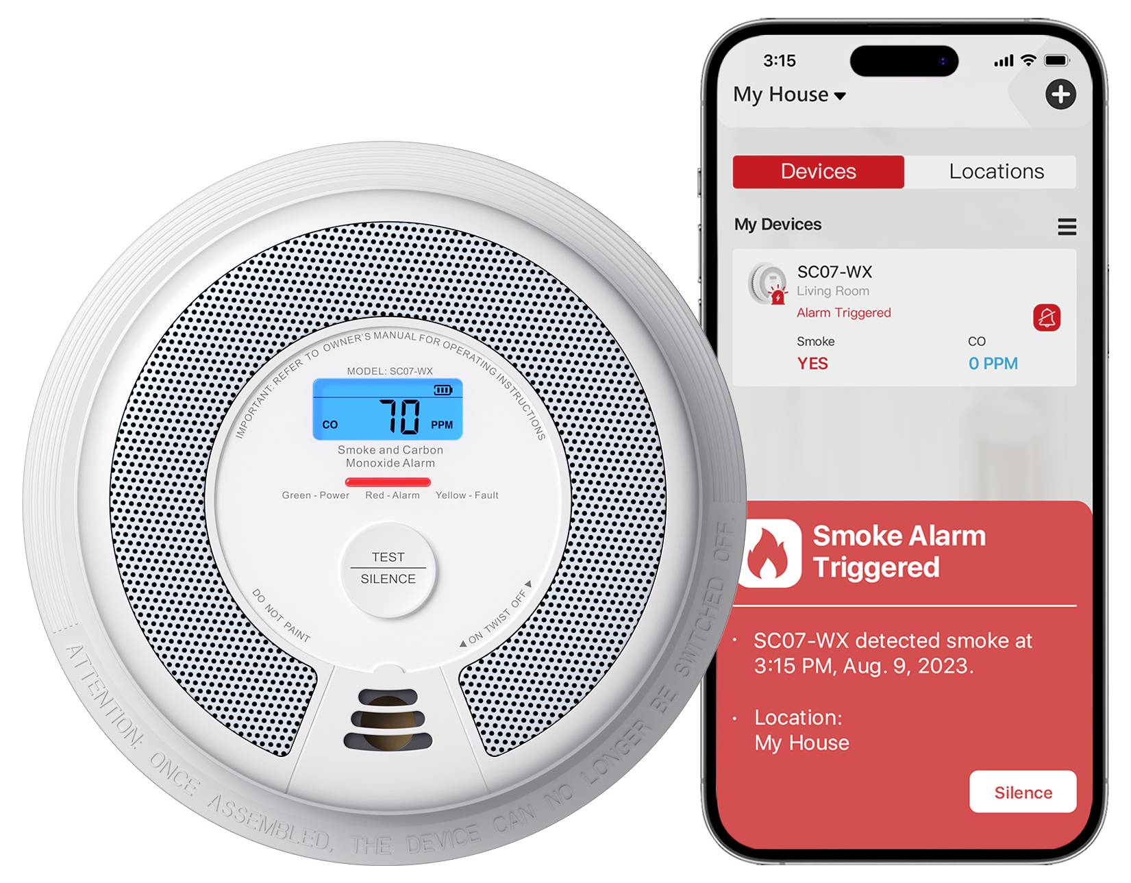 En rökdetektor och en smartphone som visar ett appgränssnitt med en varning: "Brandvarnare aktiverad" klockan 15:15, 9 aug 2023.