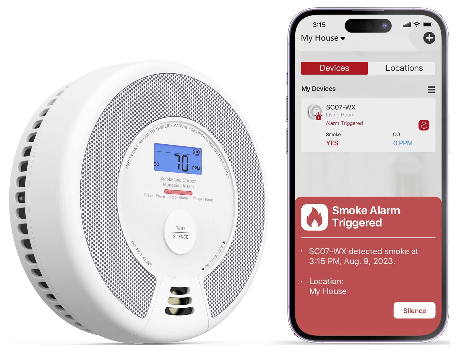 "Dammtätt design" till vänster visar en enhet med ventilationsgaller; till höger "Utbytbart batteri" visar ett CR123A-batteri.