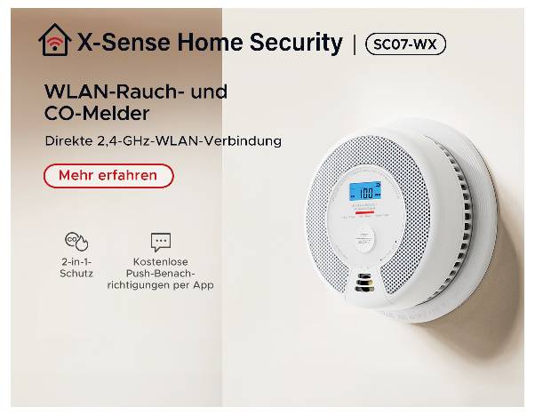 X-Sense Home Security WLAN-rök- och CO-detektor. Visar 100 ppm påDisplayen. Knapp "Läs mer". 2-in-1 skydd, App-meddelanden.