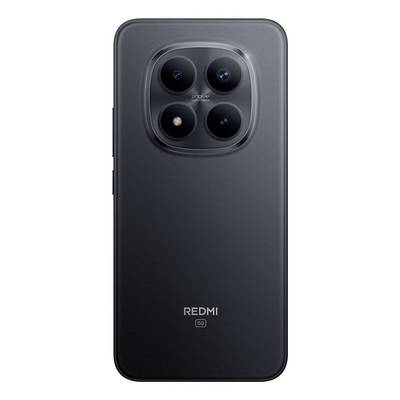En svart smartphone med fyra bakkameror arrangerade i en kvadrat. Logotypen "REDMI 5G" är synlig under kameramodulen.
