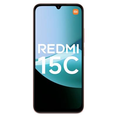 Smartphone framifrån som visar 'REDMI 15C' på skärmen med en blå gradientbakgrund.