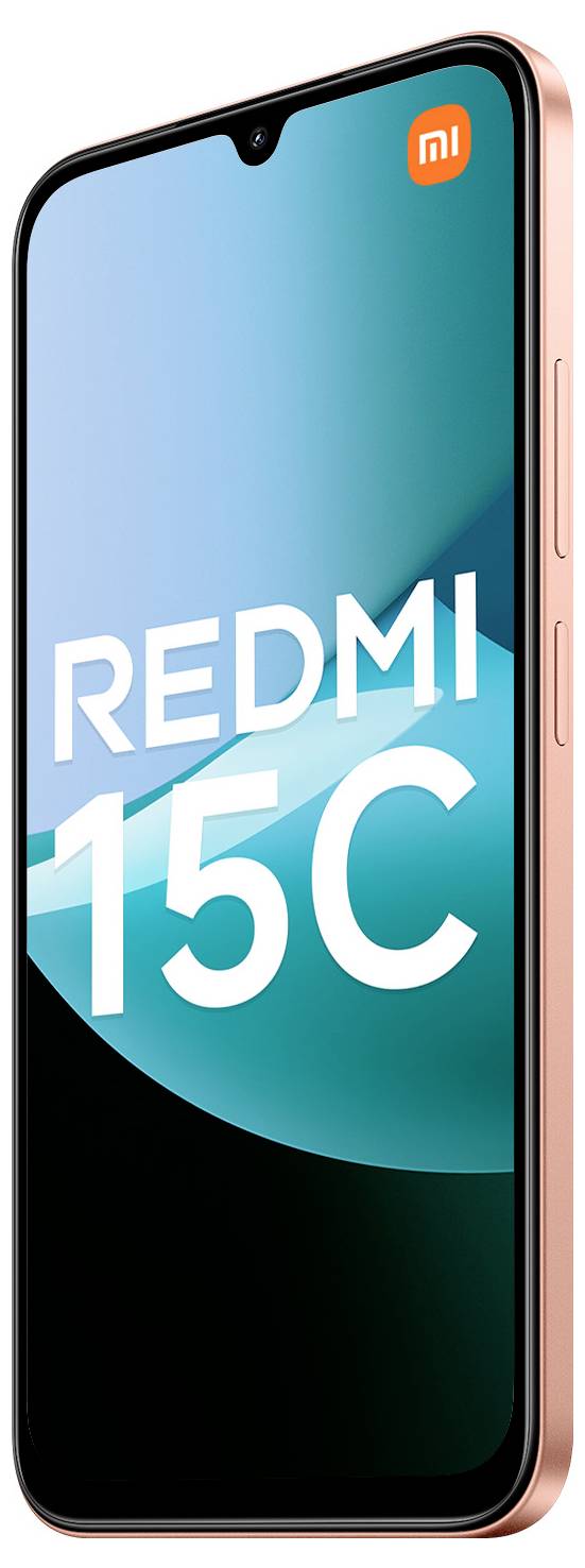 Smidig Redmi 15C-smartphone med en levande skärm och en liten notch längst upp. Telefonen är vinkad för att visa sin tunna profil.
