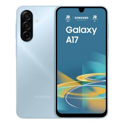 En blå Samsung Galaxy A17-smartphone med trippelkamera på baksidan till vänster och skärmen visar Samsungs logotyp och modellnamn.
