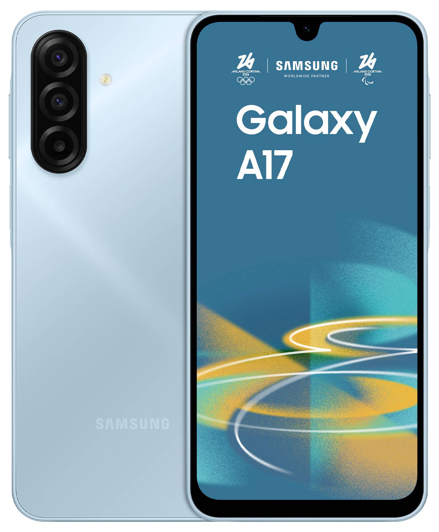 En Samsung Galaxy A17-smartphone visas med en trippel kamerauppställning. Skärmen visar svirrlande abstrakta mönster och modellnamnet.