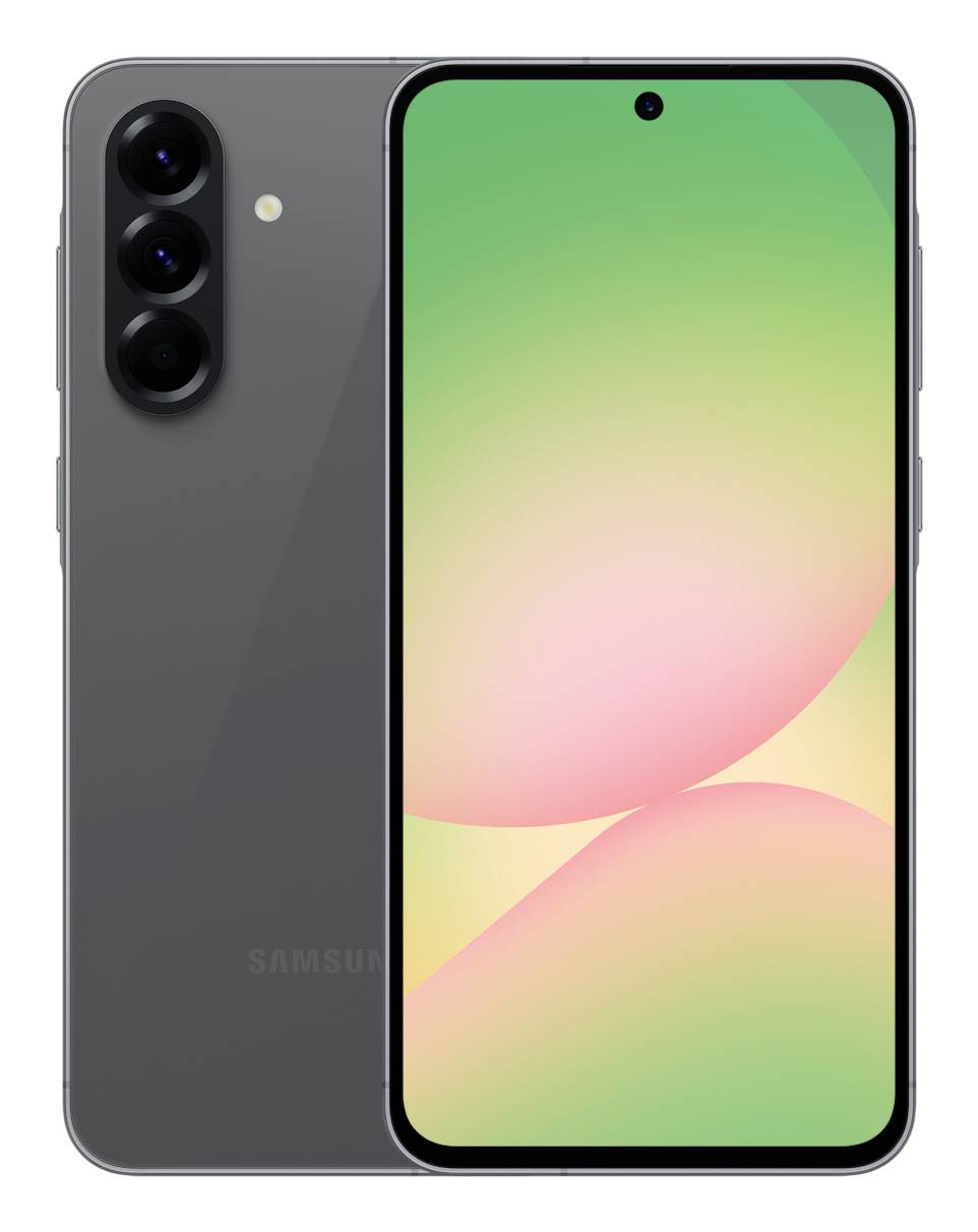 En svart smartphone med en trippel bakkamera uppsättning i det övre vänstra hörnet, som har en färgglad skärmdisplay, visad från fram- och baksida.