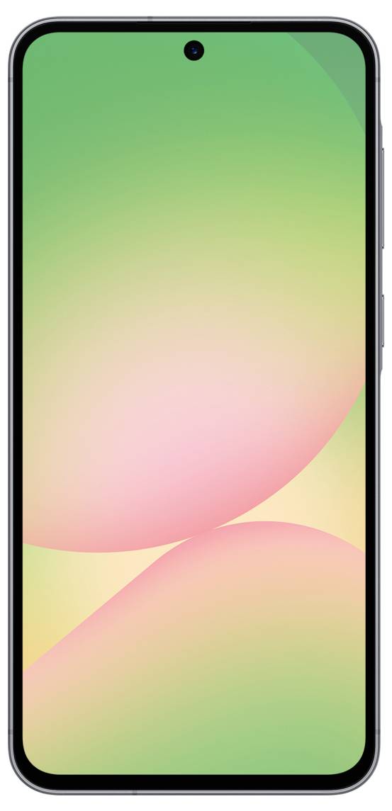 Smartphonens framsida med en gradient grön och rosa bakgrundsbild som visas på skärmen.