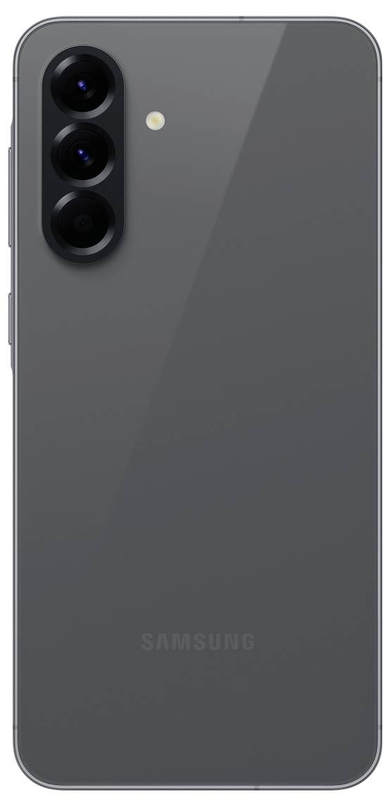 En sidovy av en smartphone med en blå metallisk finish, med en kamerabump med tre bakre linser.