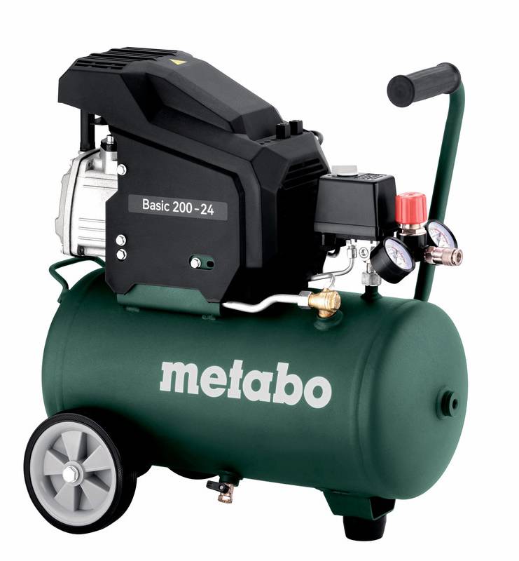 Metabo Basic 200-24 bärbar luftkompressor med tank, manometer, regulator, handtag och hjul på vit bakgrund.