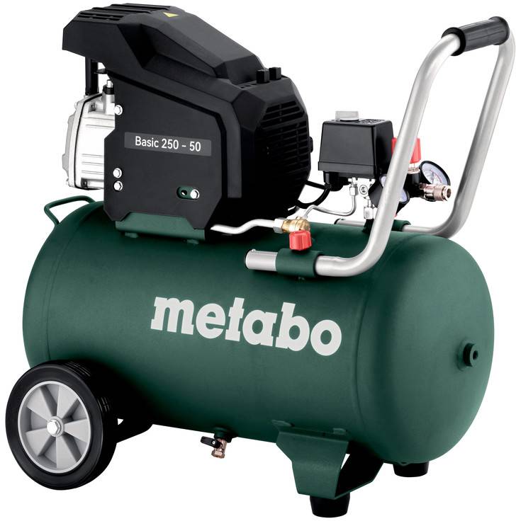 Bärbar Metabo luftkompressor med grön tank, hjul, handtag och svart motorkapsling märkt "Basic 250-50".