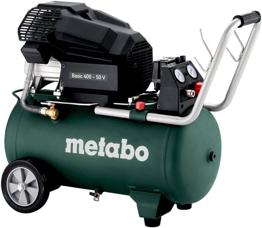 Transportabel Metabo luftkompressor med behållare, hjul, handtag, manometrar och etiketten "Basic 400 - 50 V".