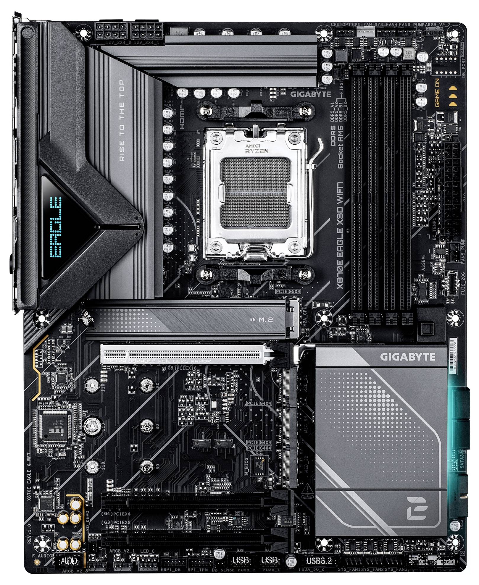 En datormuterkort med flera RAM-platser, PCIe-platser och ett stort CPU-uttag, utformat för högpresterande bearbetningsuppgifter.